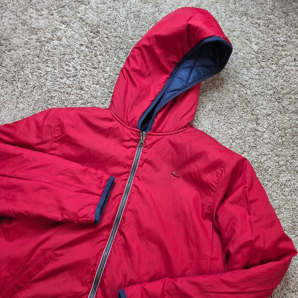 Lacoste Reversible Hooded Puffer Jacket Kids Size 14 Red Navy Blue Crocodile